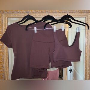Aritzia Golden Set – Rich Mocha Brown (Tee + Bra + Shorts) | S/M/6